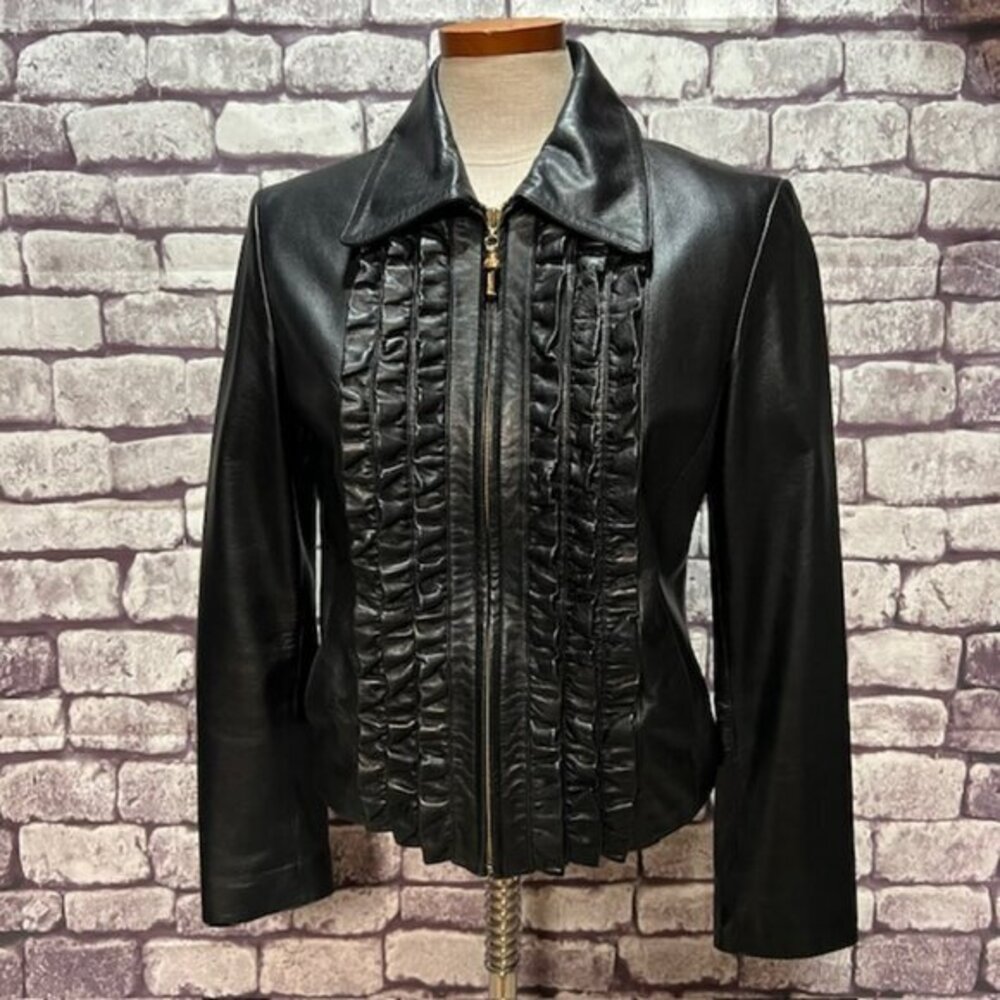 St. John By Marie Gray Black Long Sleeve Leather Jacket Size S